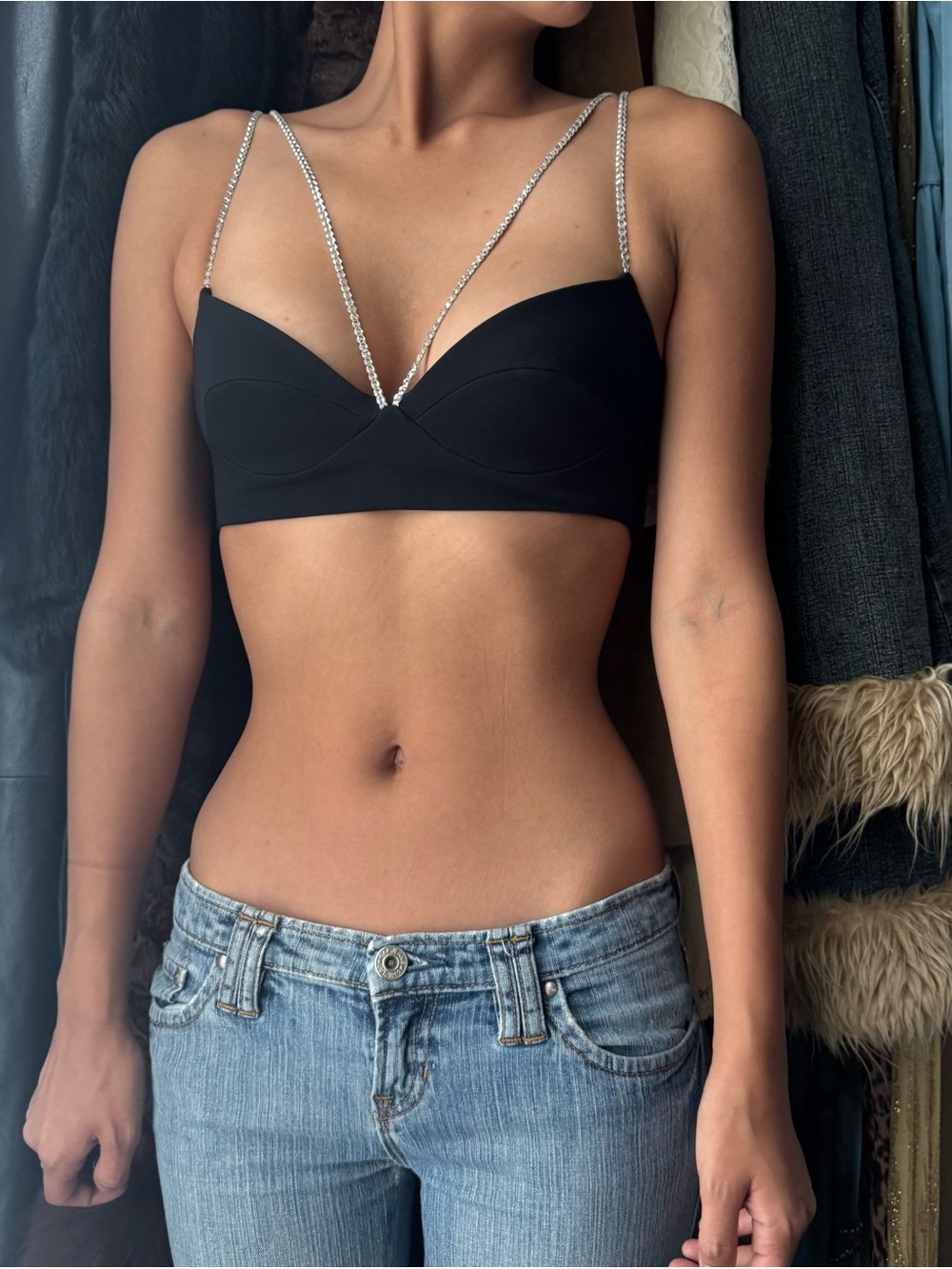 David Koma London Black Cris Crop Back Diamanté Bralette